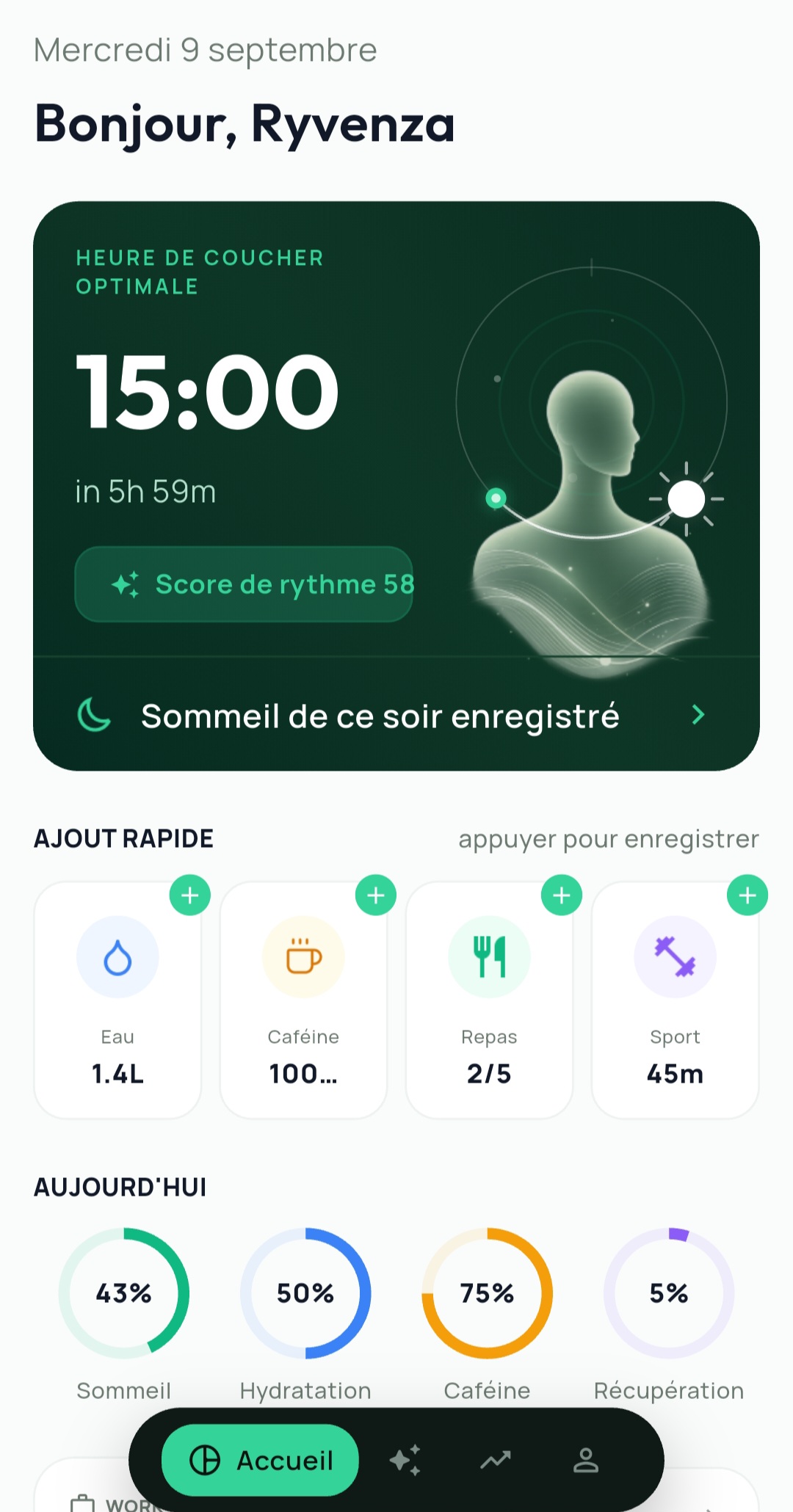 Nouvel écran d’accueil RYVENZA : heure de coucher, ajouts rapides et indicateurs du jour.