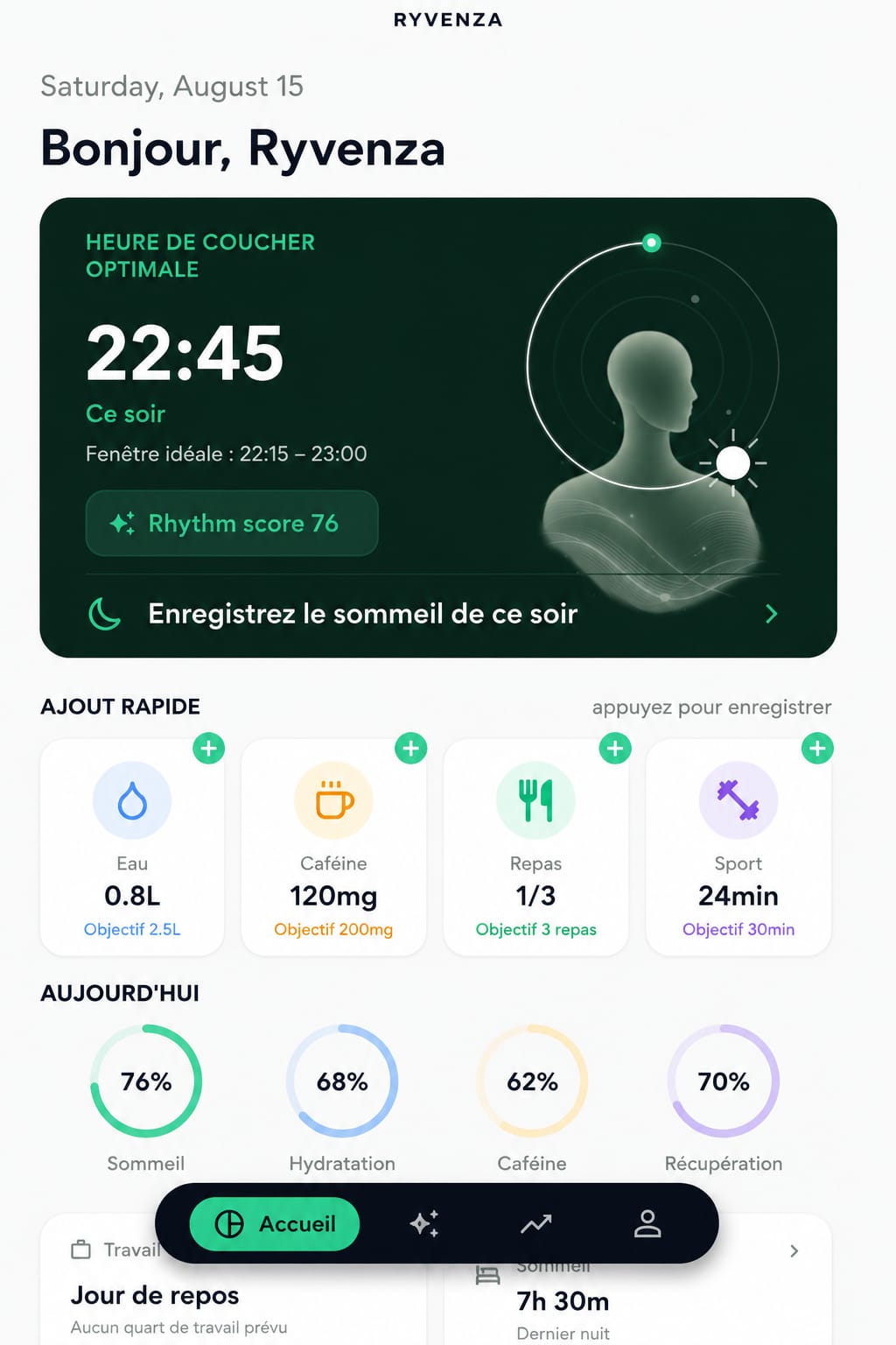Écran d’accueil officiel de l’application RYVENZA avec heure de coucher, score de rythme et six signaux du jour