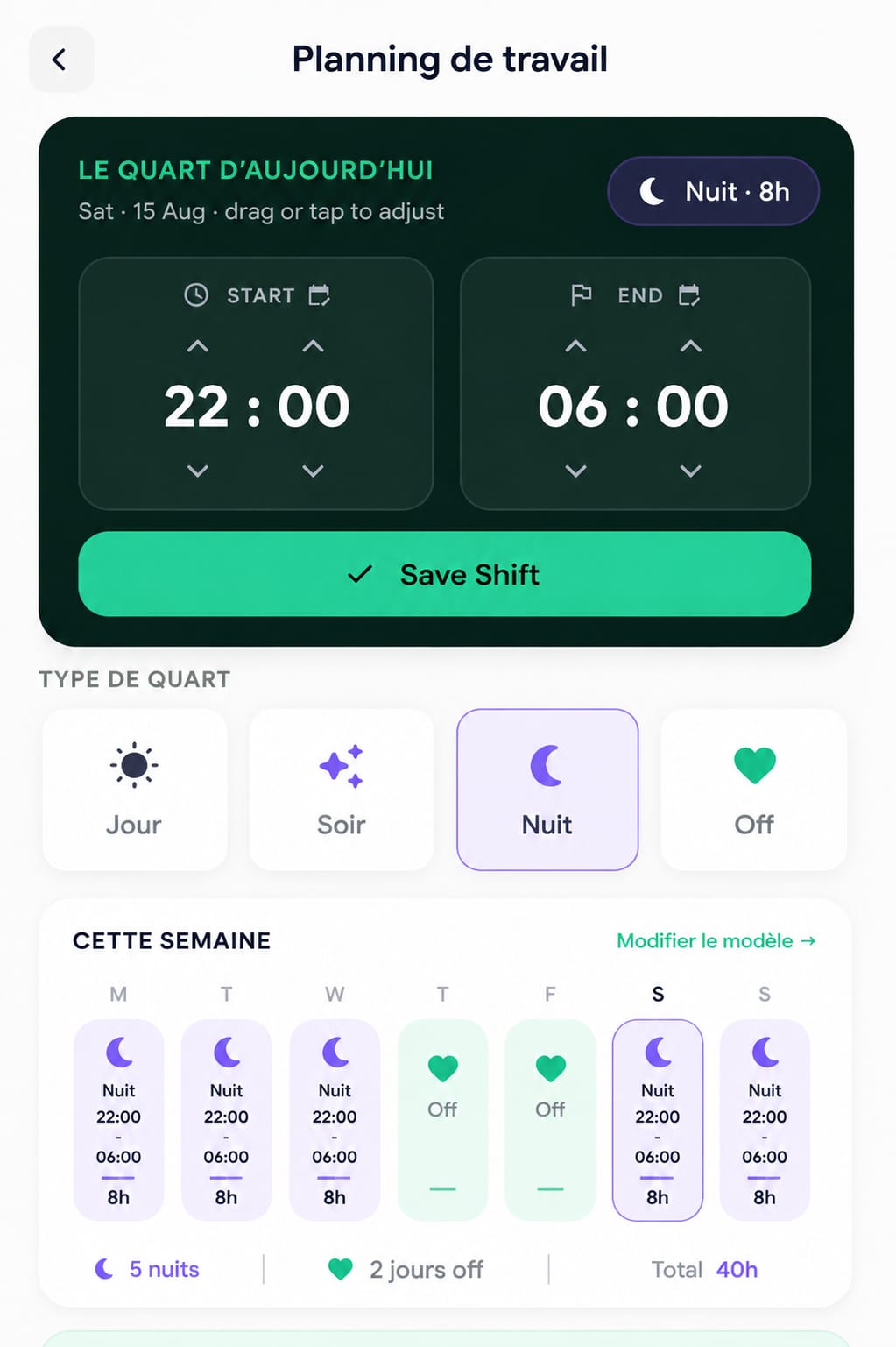 Écran officiel de planning RYVENZA avec postes, horaires et jours de repos personnalisables
