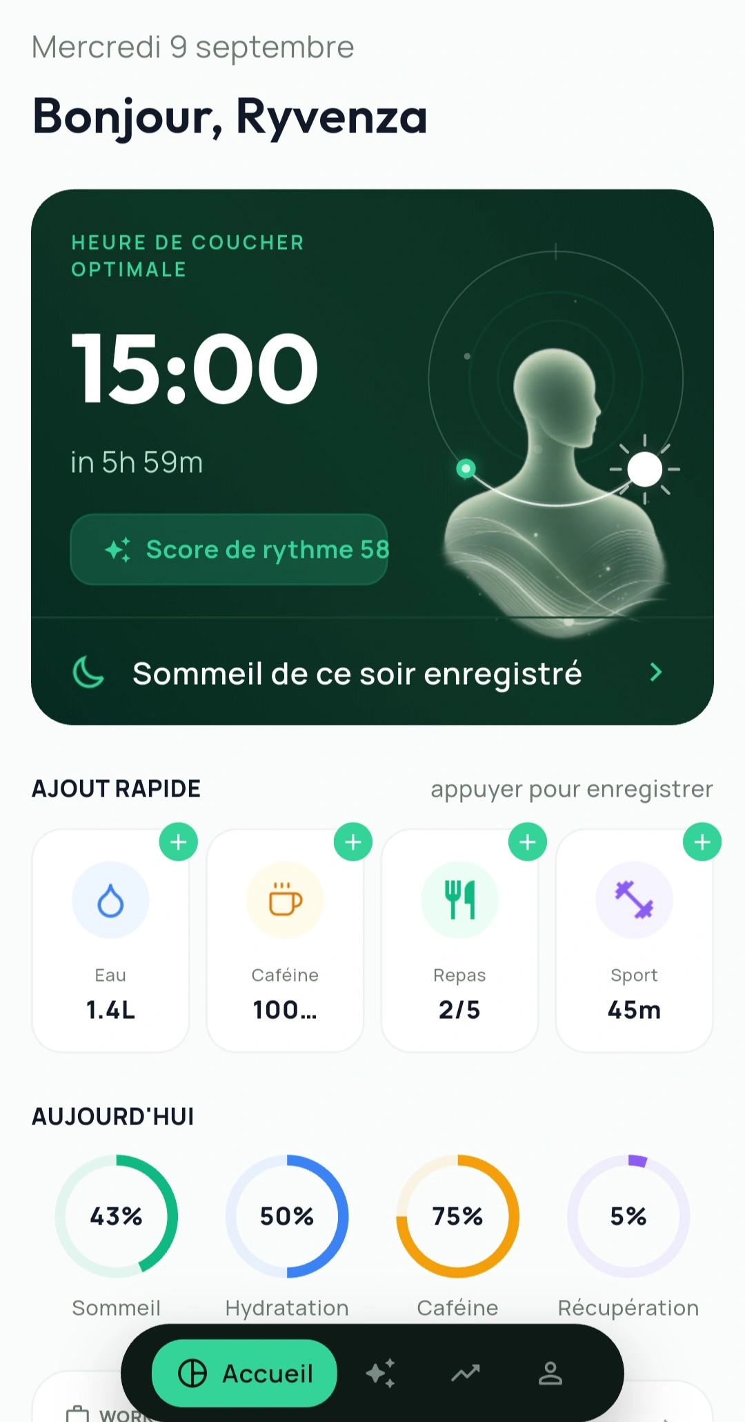 Écran d’accueil RYVENZA : heure de coucher, ajouts rapides et indicateurs du jour