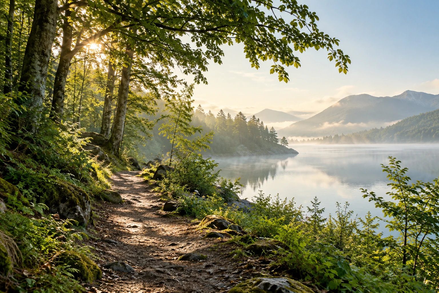 Sentier en forêt au bord d’un lac, visuel d’illustration sans personnes
